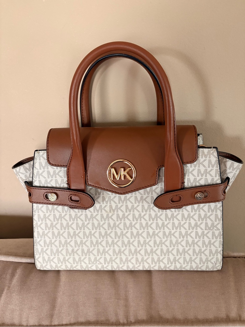 Michael Kors Brown and Ivory MK Logo Satchel with Gold Hardware